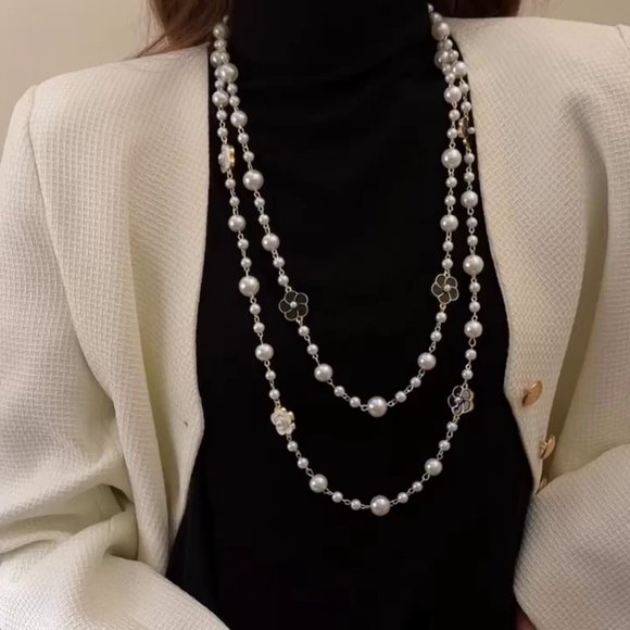 GOLICC Double Layer Long Flower Pearl Necklace - Picture 7 of 7